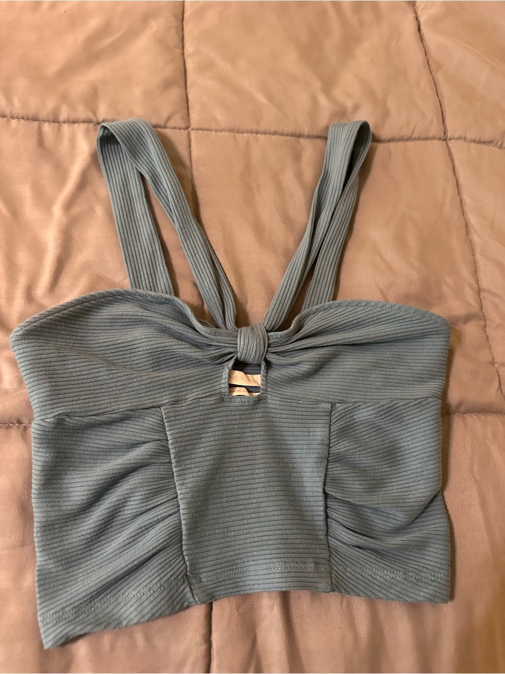 Urban Outfitters Ribbed Knot-Front Crop Top in Dusty Blue-Green